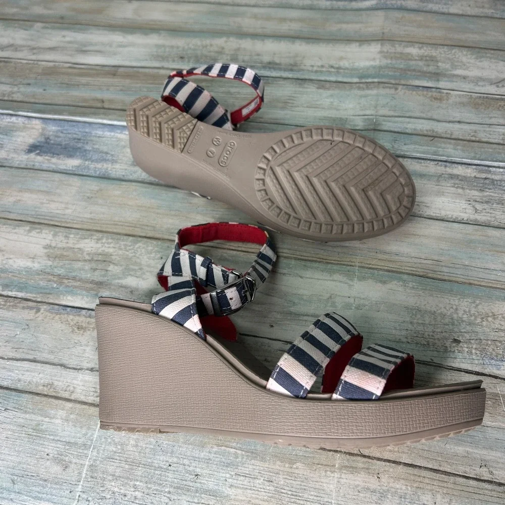 CROCS Navy Blue and Red Striped Wedge Sandals